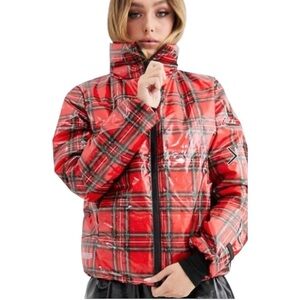 Juicy Couture Tartan Plaid Puffer Glossy Jacket Coat Red School Girl Size Medium